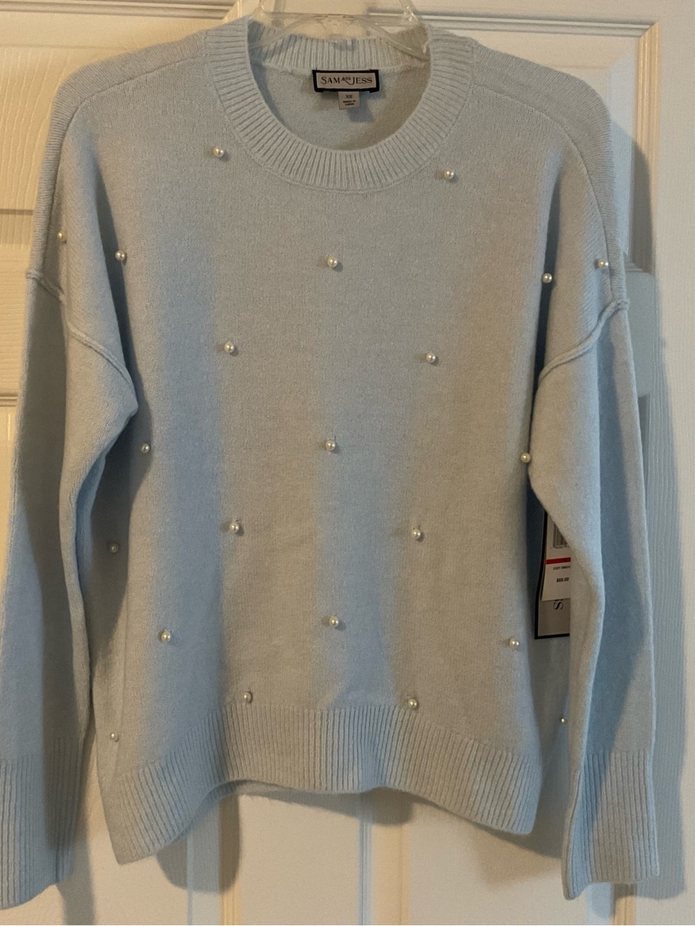 Sam and Jess Light Blue Crewneck Sweater with Pearls